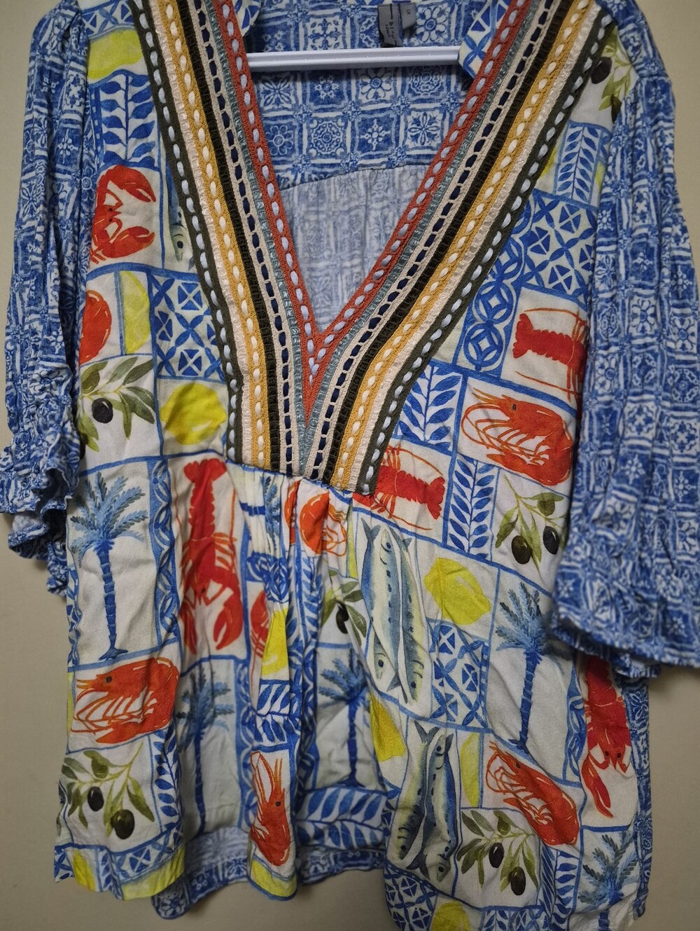 Blink London 1x Vibrant Seafood Print V-Neck Tunic - Blue & Red